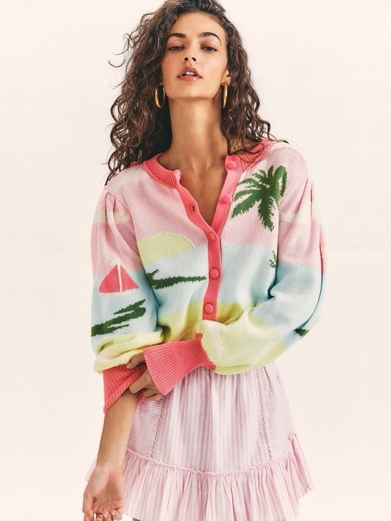 LoveShackFancy Sweaters - Loveshackfancy Pastel Sunset Palm Cropped Cardigan Sweater - Pink Size XL